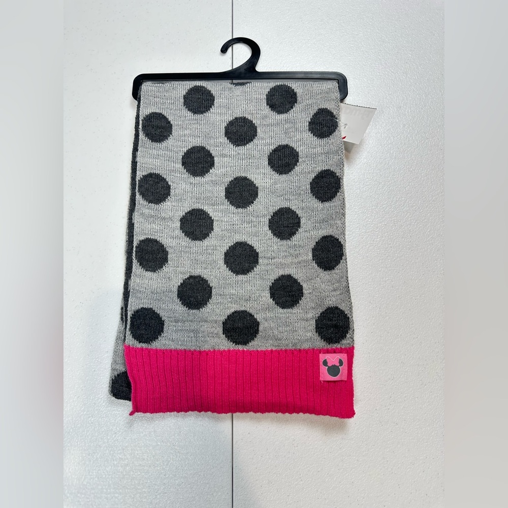 Disney Minnie Mouse Kids‎ Scarf Gray/Black Polka Dot Pink Ribbed Trim Acrylic